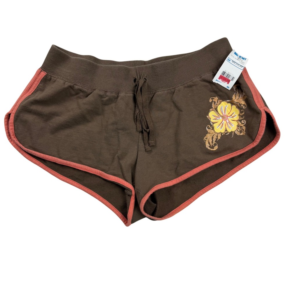 NWT DEADSTOCK VTG Y2K No Boundaries Brown Hibiscus Micro Shorts Ultra Low Rise